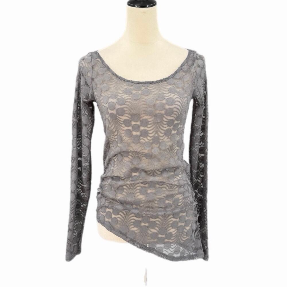 Anthropologie Meadow Rue NEW Gray Lace Asymmetric Sheer Ruched Fairycore Top